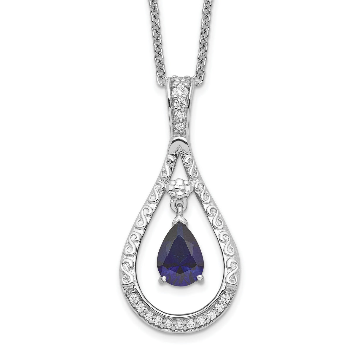 Sept. Lab-created Sapphire Never Forget Tear 18in Necklace Charm Pendant in Real 925 Sterling Silver