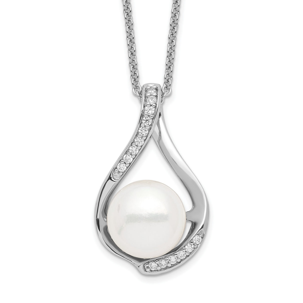 FW Cultured Pearl CZ Forever (Embrace) 18in Necklace Charm Pendant in Real 925 Sterling Silver