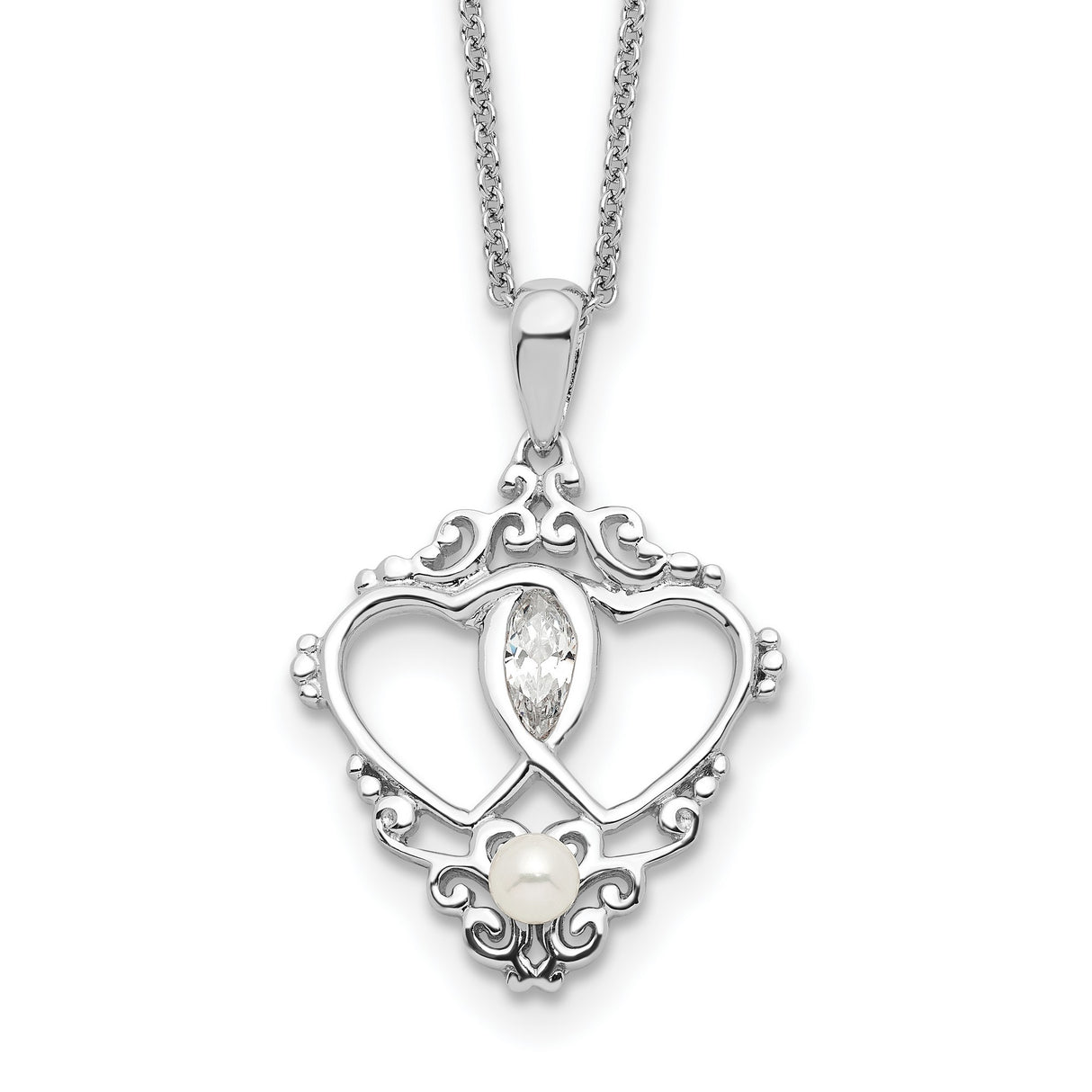 Antiqued Two Hearts One Love 18in Heart Necklace Charm Pendant in Real 925 Sterling Silver