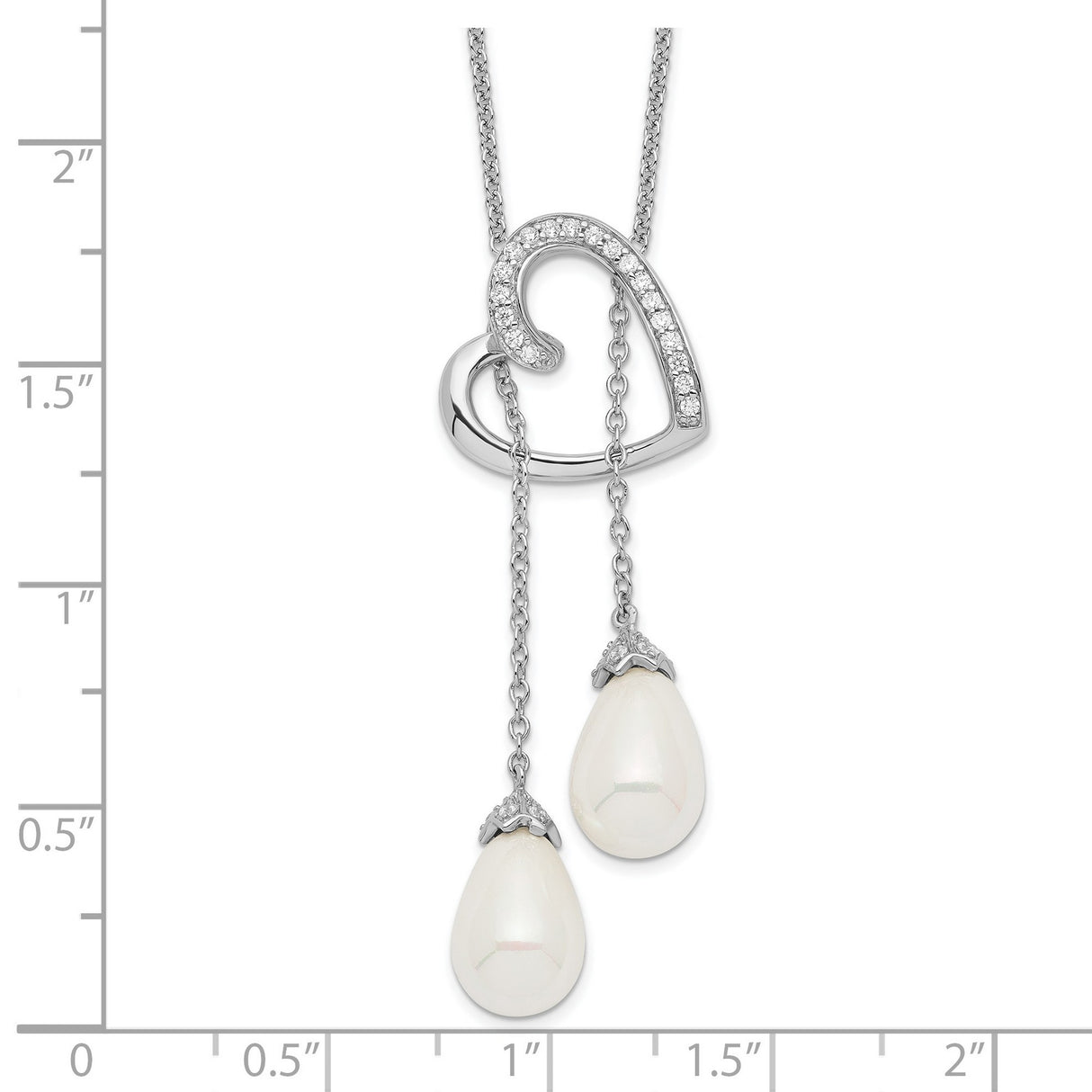 FW Cultured Pearl CZ Two Become One 18in Heart Necklace Charm Pendant in Real 925 Sterling Silver