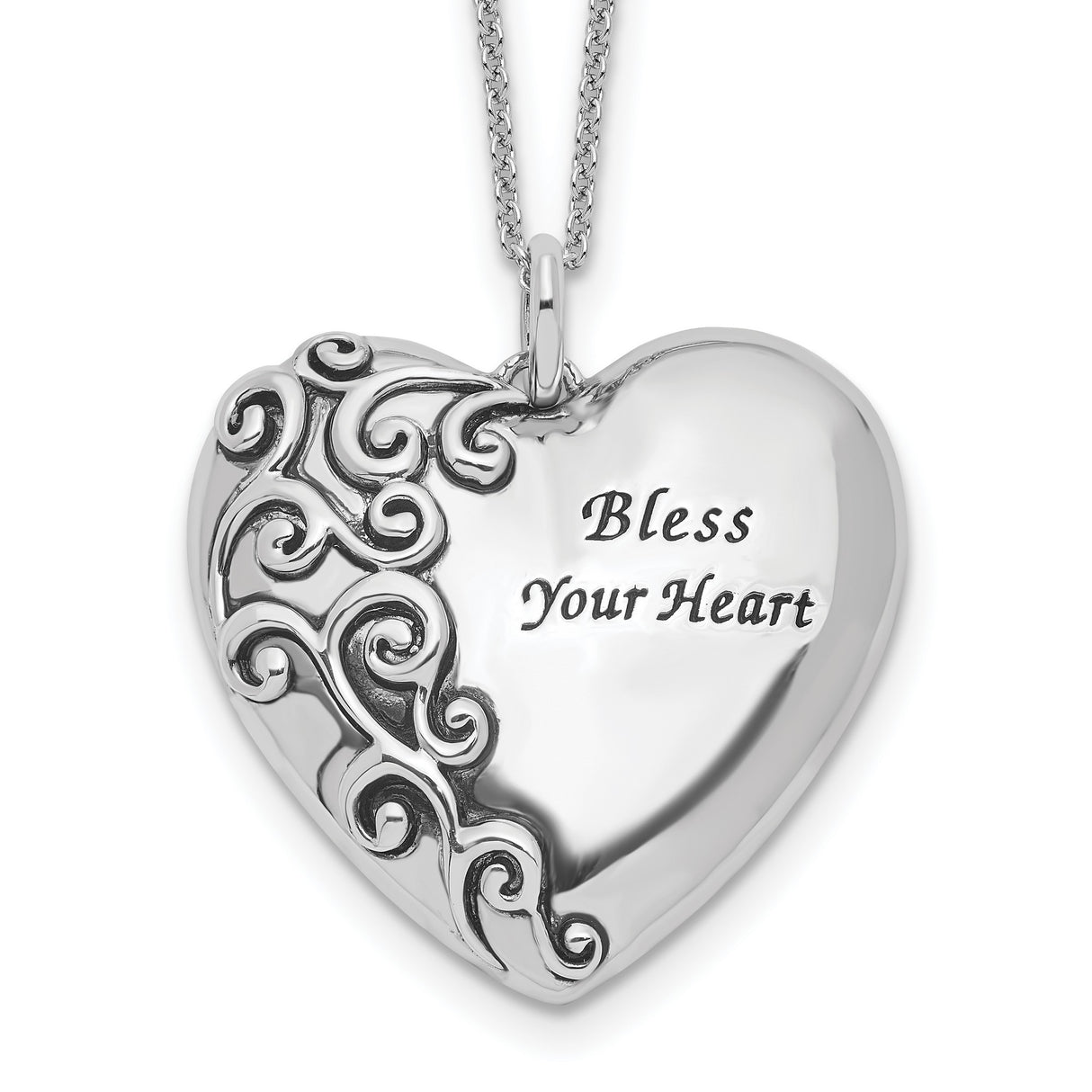 Antiqued Bless Your Heart 18in Necklace Charm Pendant in Real 925 Sterling Silver