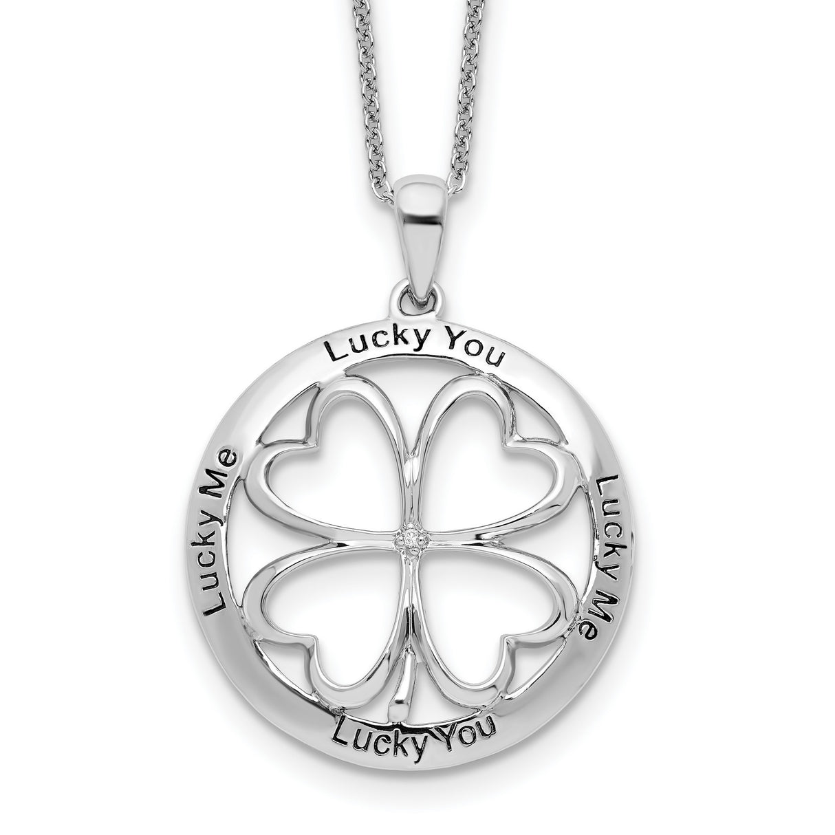 Antiqued Sterling Silver Lucky Me Lucky You 18 inch Necklace Pendant with Diamond Accents