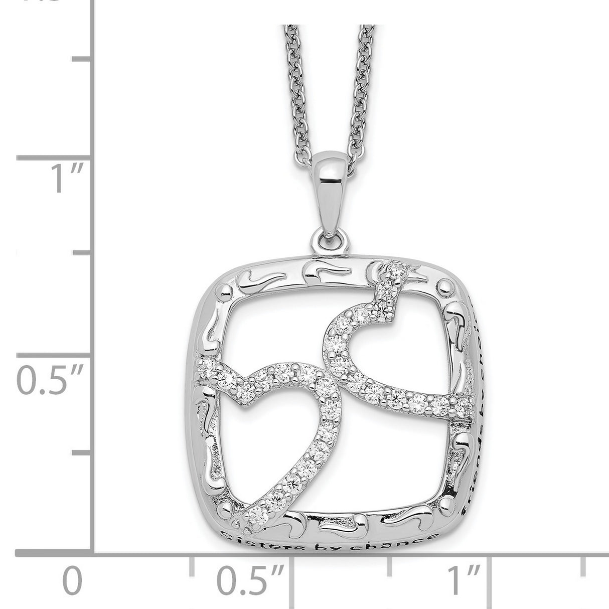 Antiqued CZ Sisters By Chance 18in Hearts Necklace Charm Pendant in Real 925 Sterling Silver