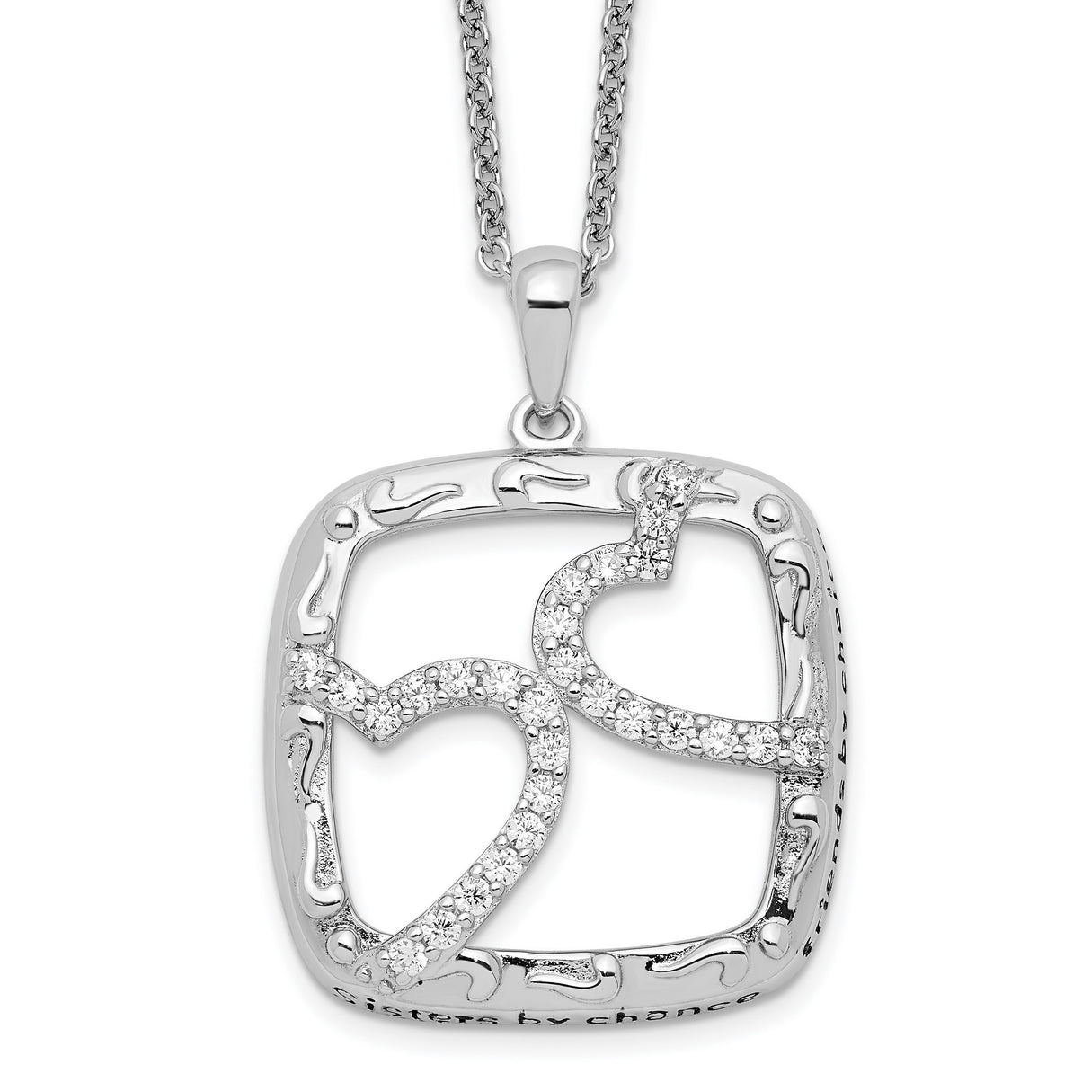 Antiqued CZ Sisters By Chance 18in Hearts Necklace Charm Pendant in Real 925 Sterling Silver
