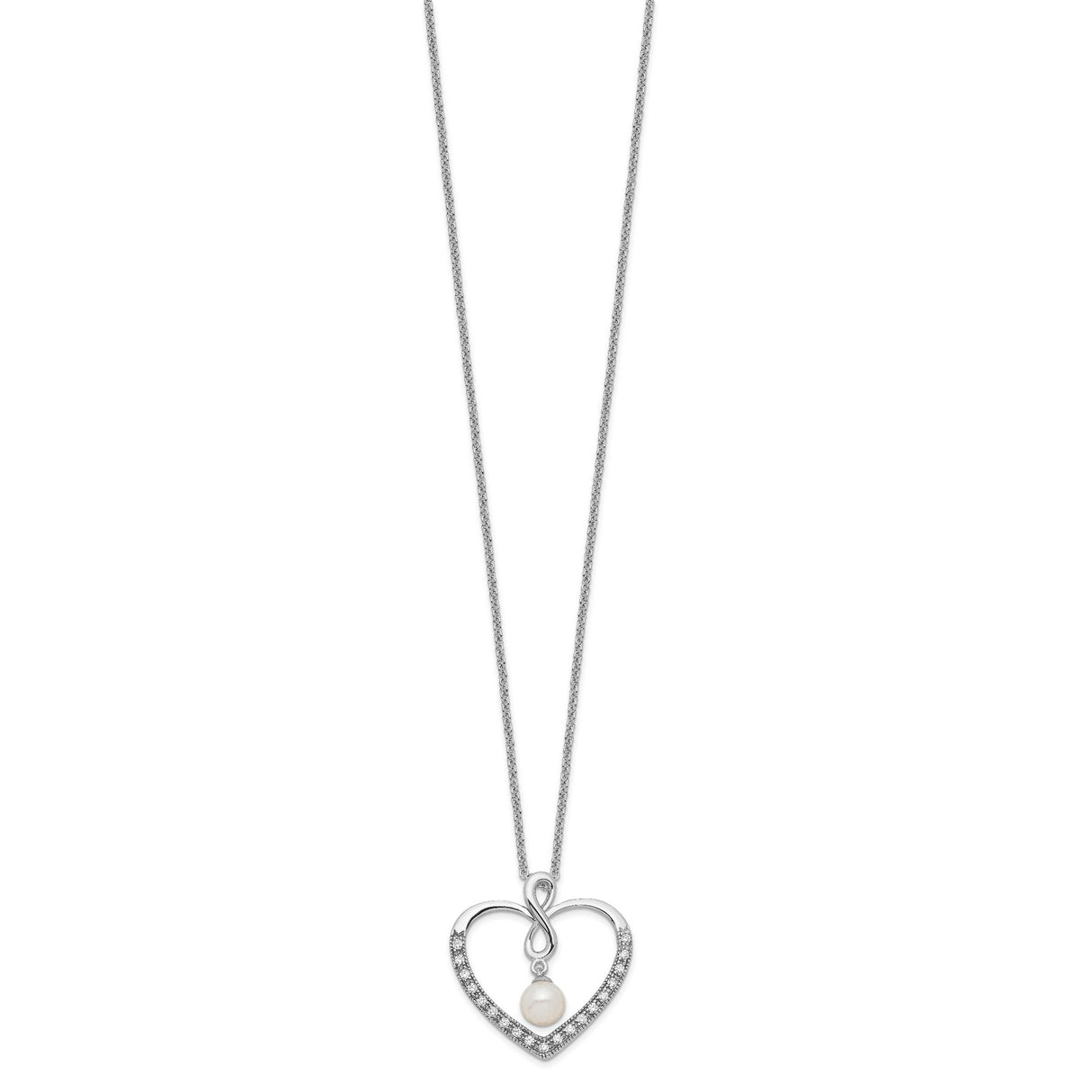 CZ and FW Cultured Pearl My Friend 18in Heart Necklace Charm Pendant in Real 925 Sterling Silver