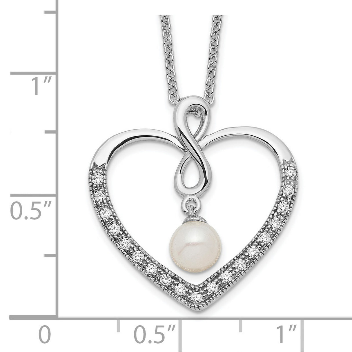 CZ and FW Cultured Pearl My Friend 18in Heart Necklace Charm Pendant in Real 925 Sterling Silver