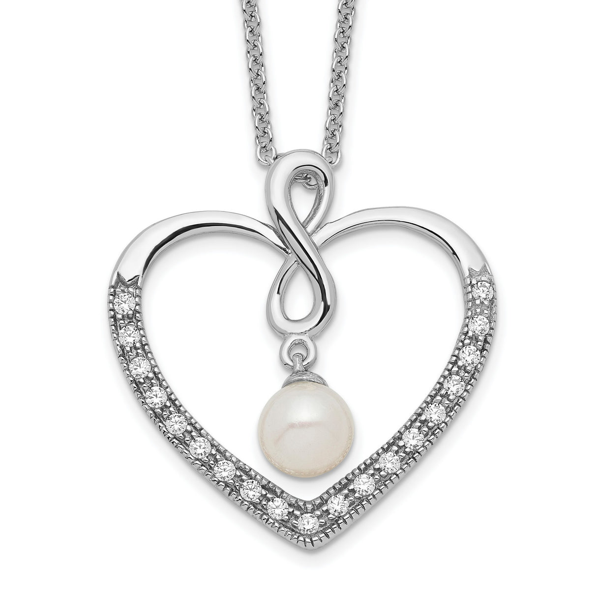 CZ and FW Cultured Pearl My Friend 18in Heart Necklace Charm Pendant in Real 925 Sterling Silver