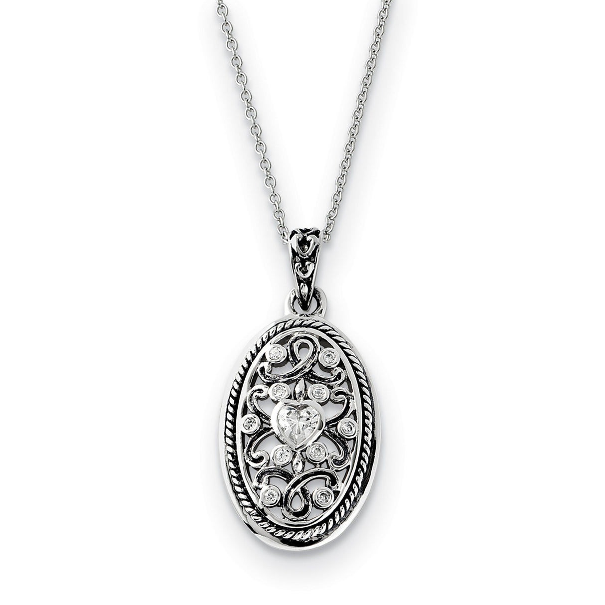 Antiqued CZ Because Of You 18in Necklace Charm Pendant in Real 925 Sterling Silver
