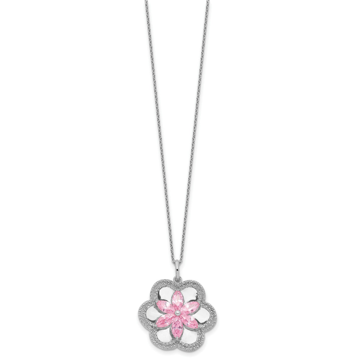 CZ Pretty in Pink Flower 18 Inch Necklace Charm Pendant in Real 925 Sterling Silver