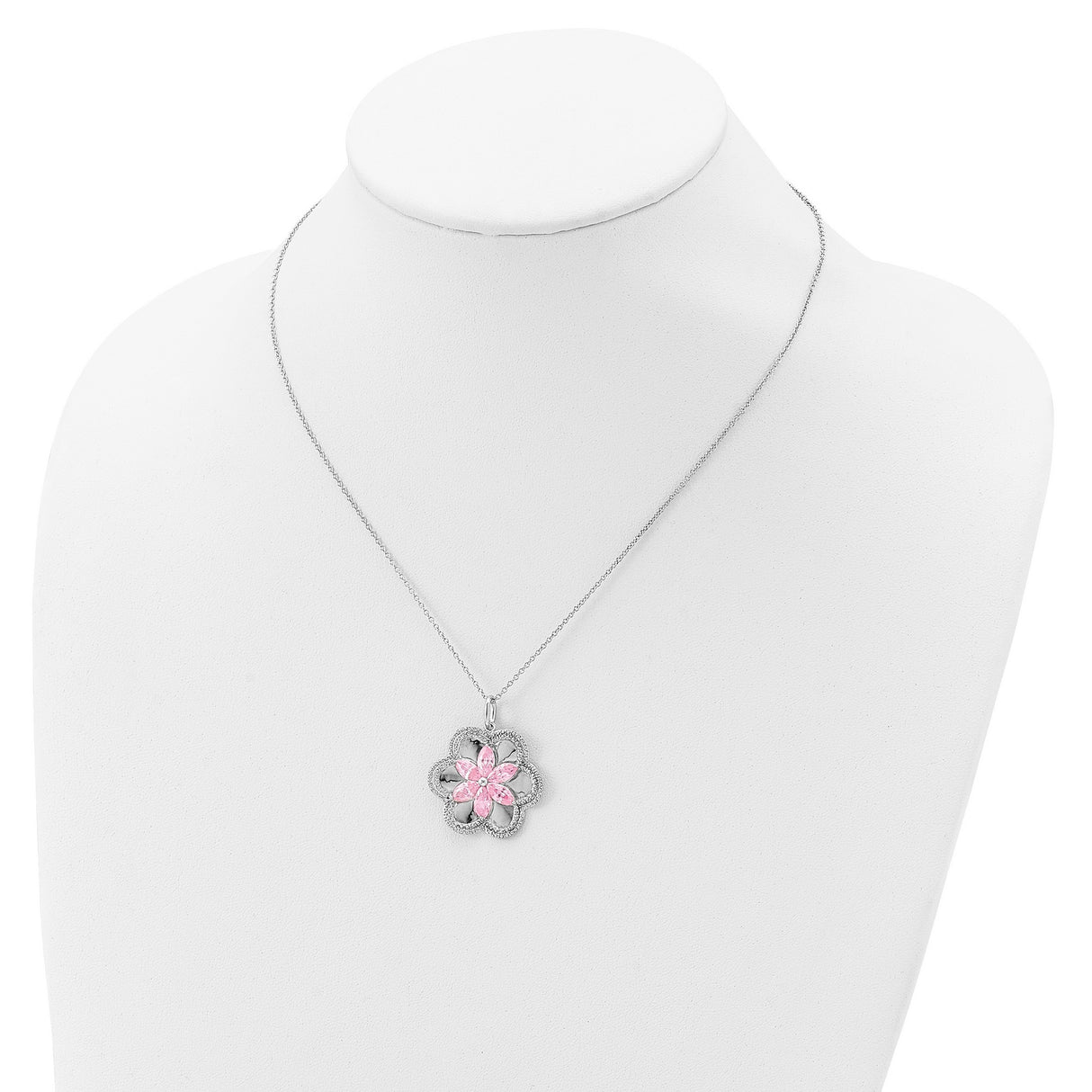 CZ Pretty in Pink Flower 18 Inch Necklace Charm Pendant in Real 925 Sterling Silver