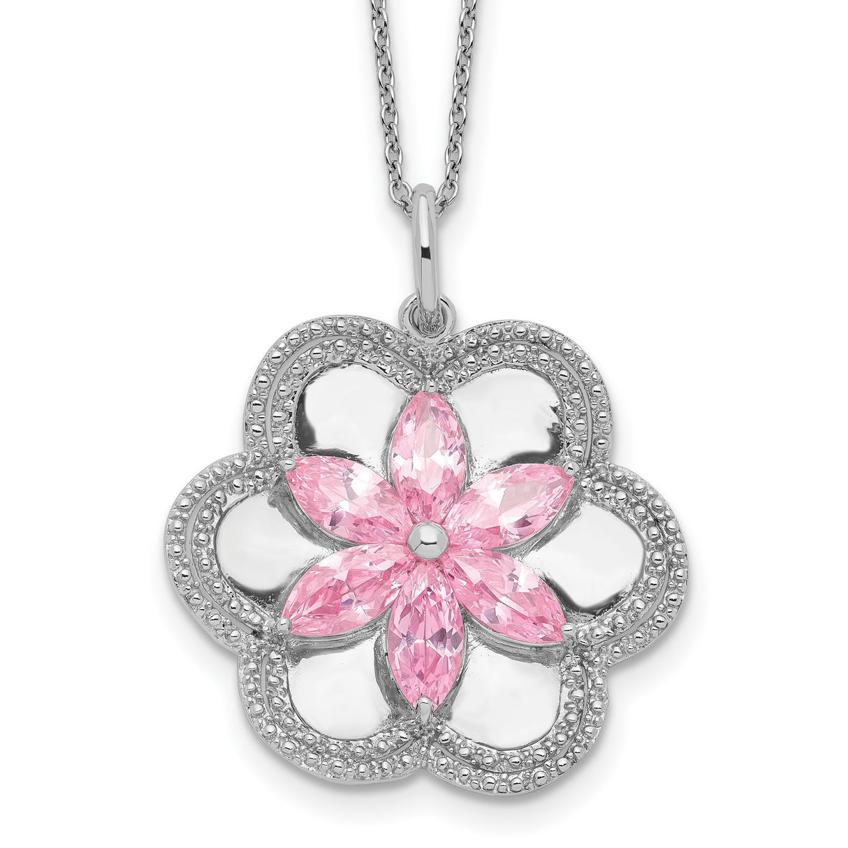 CZ Pretty in Pink Flower 18 Inch Necklace Charm Pendant in Real 925 Sterling Silver