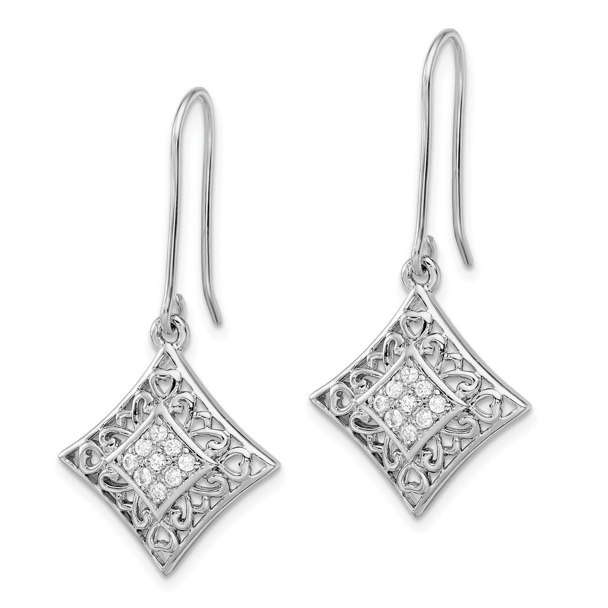 Sterling Silver Dangle Earrings with Cubic Zirconia, Filigree Heart and Scrollwork Design