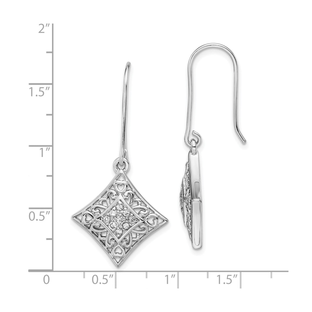 Sterling Silver Dangle Earrings with Cubic Zirconia, Filigree Heart and Scrollwork Design