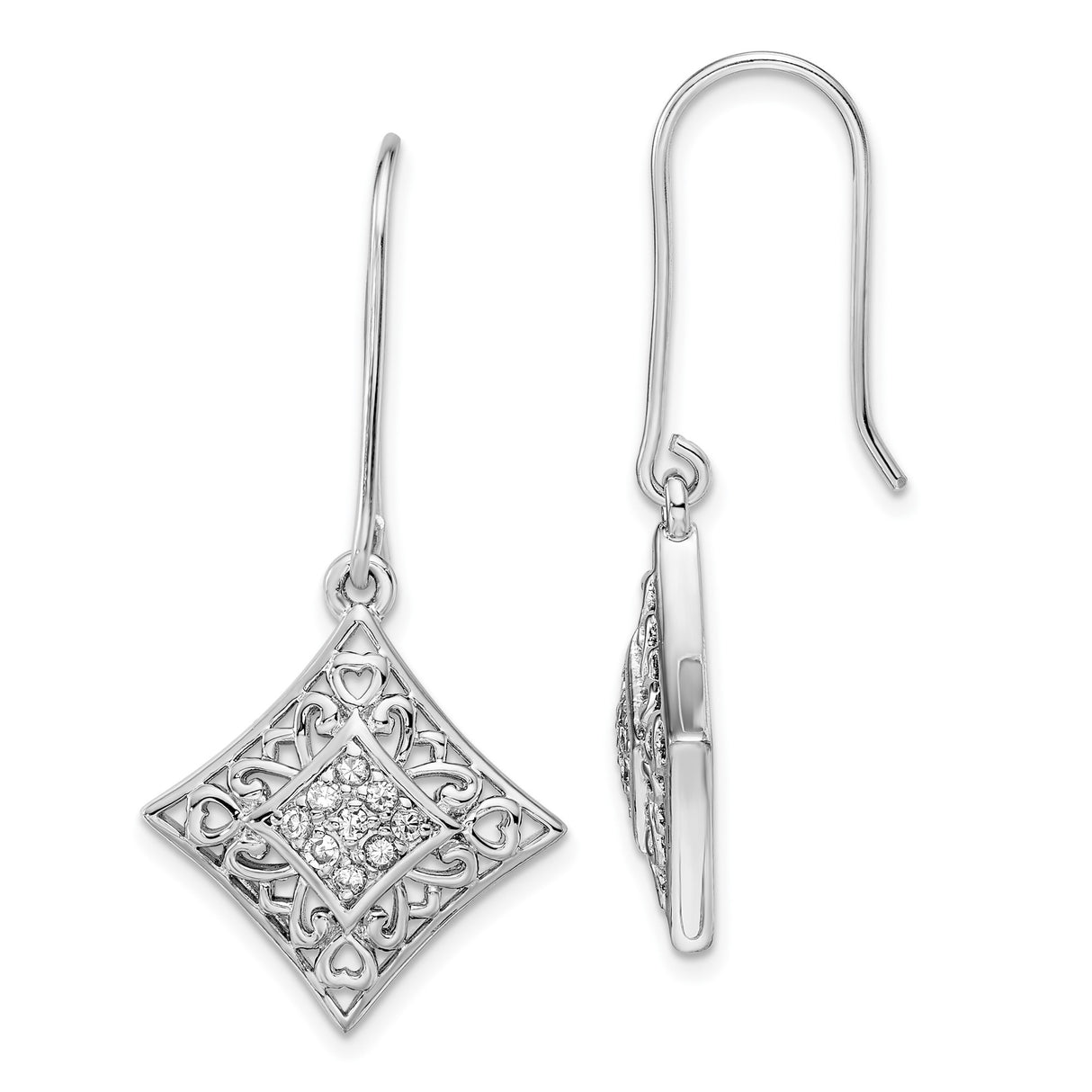 Sterling Silver Dangle Earrings with Cubic Zirconia, Filigree Heart and Scrollwork Design