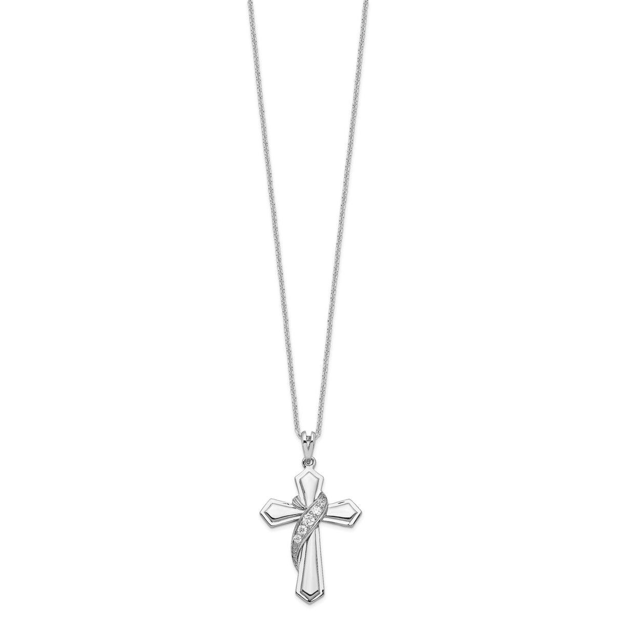 Sterling Silver Cross Pendant with Cubic Zirconia, Polished Beveled Religious Design
