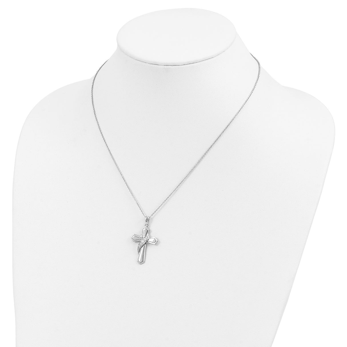 Sterling Silver Cross Pendant with Cubic Zirconia, Polished Beveled Religious Design