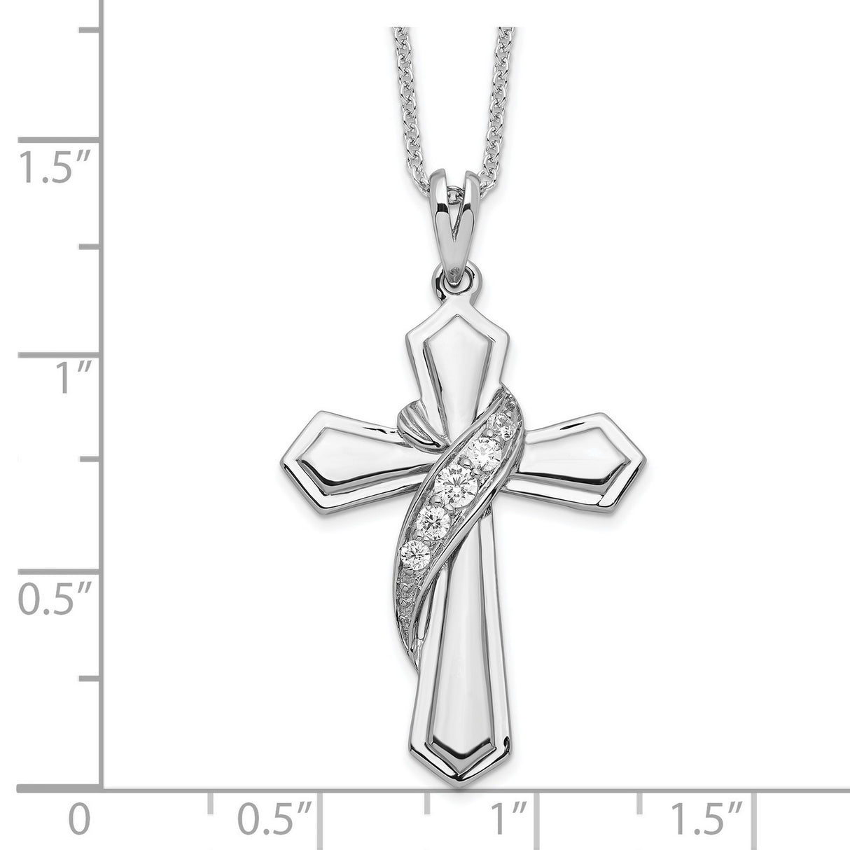 Sterling Silver Cross Pendant with Cubic Zirconia, Polished Beveled Religious Design