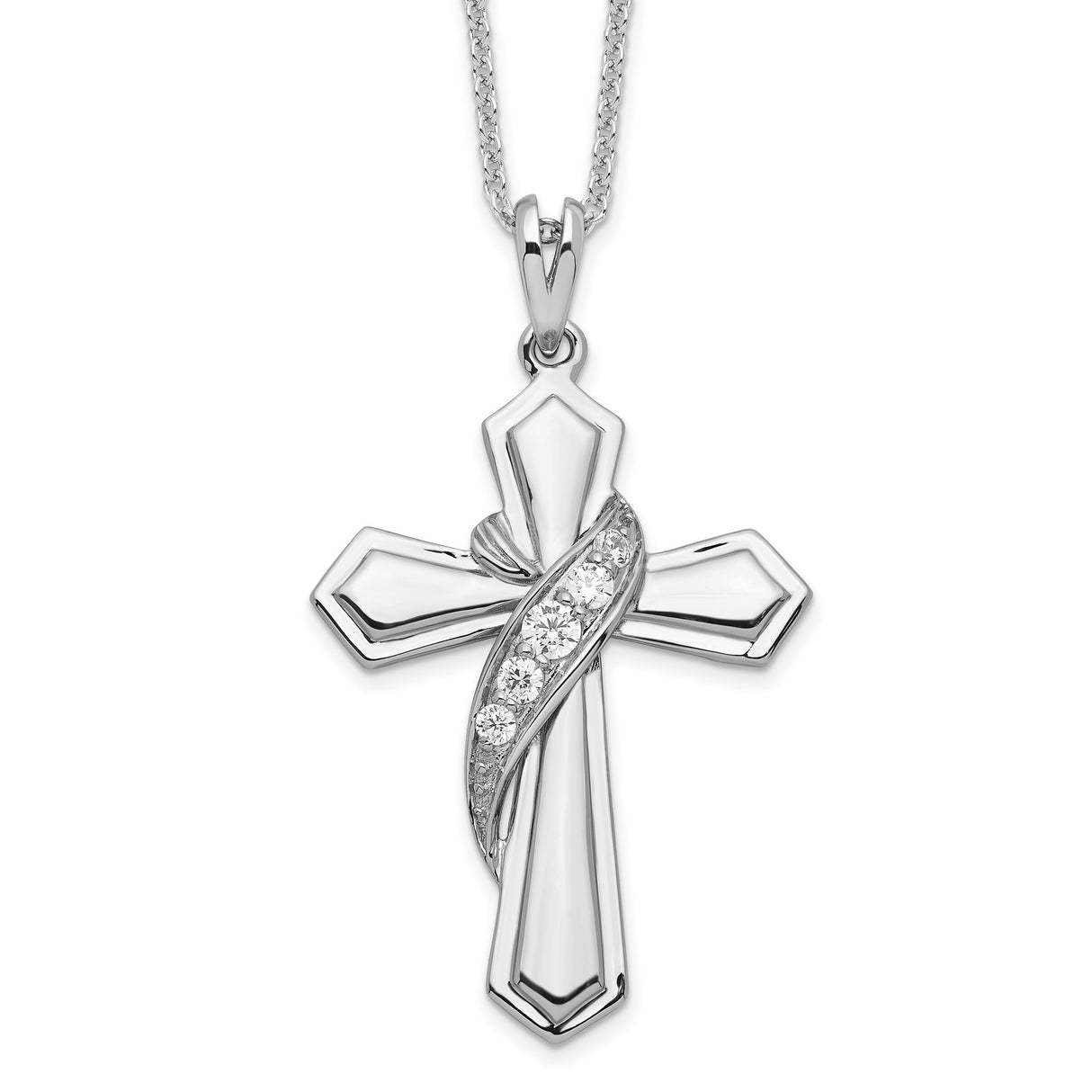 Sterling Silver Cross Pendant with Cubic Zirconia, Polished Beveled Religious Design