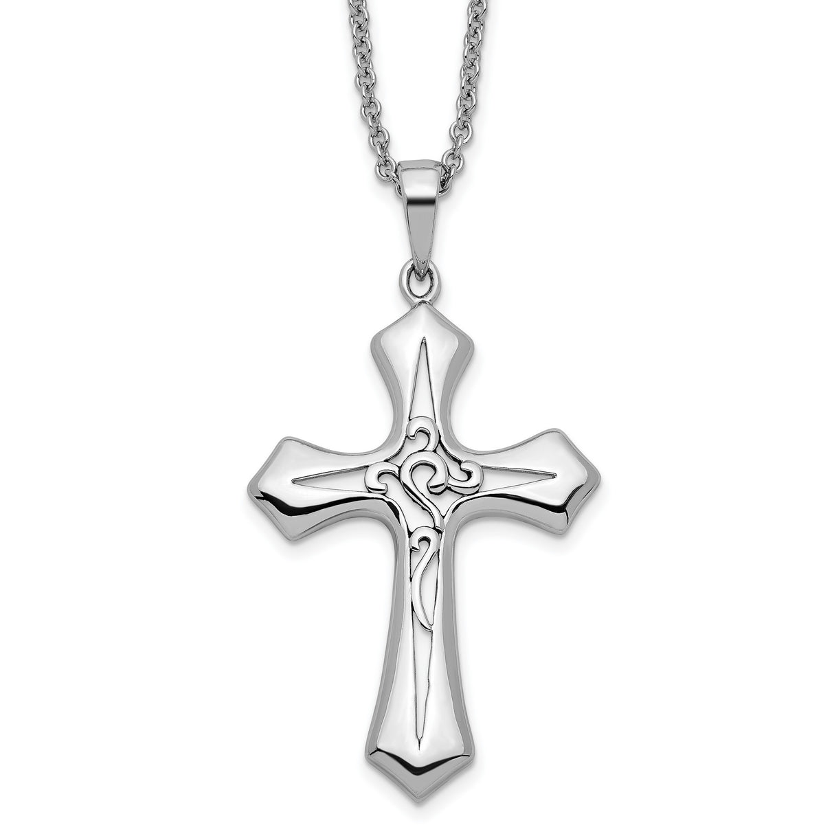 Sterling Silver Cross Pendant with Beveled Edges and Vintage Vine Design