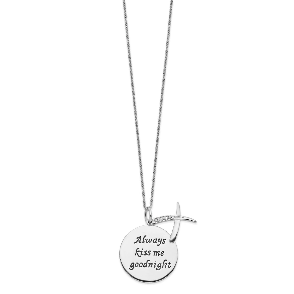 Antiqued CZ Always Kiss Me Goodnight 18in Necklace Charm Pendant in Real 925 Sterling Silver