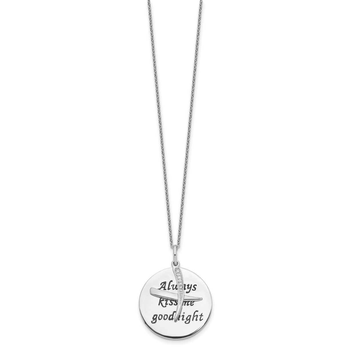 Antiqued CZ Always Kiss Me Goodnight 18in Necklace Charm Pendant in Real 925 Sterling Silver