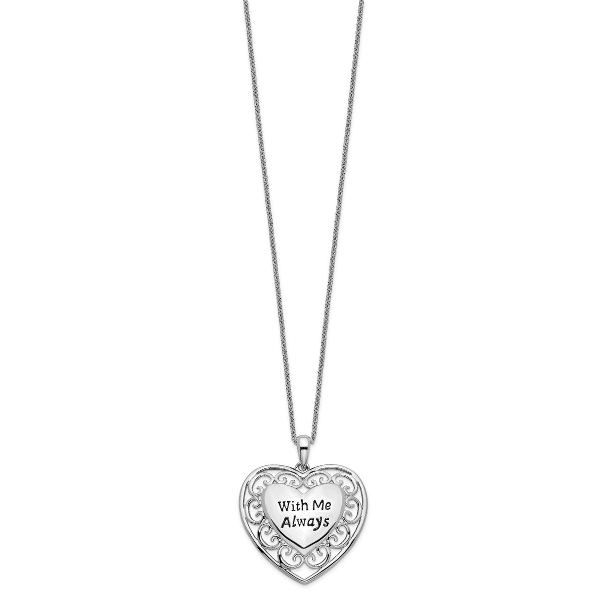 Antiqued With Me Always 18in Heart Necklace Charm Pendant in Real 925 Sterling Silver