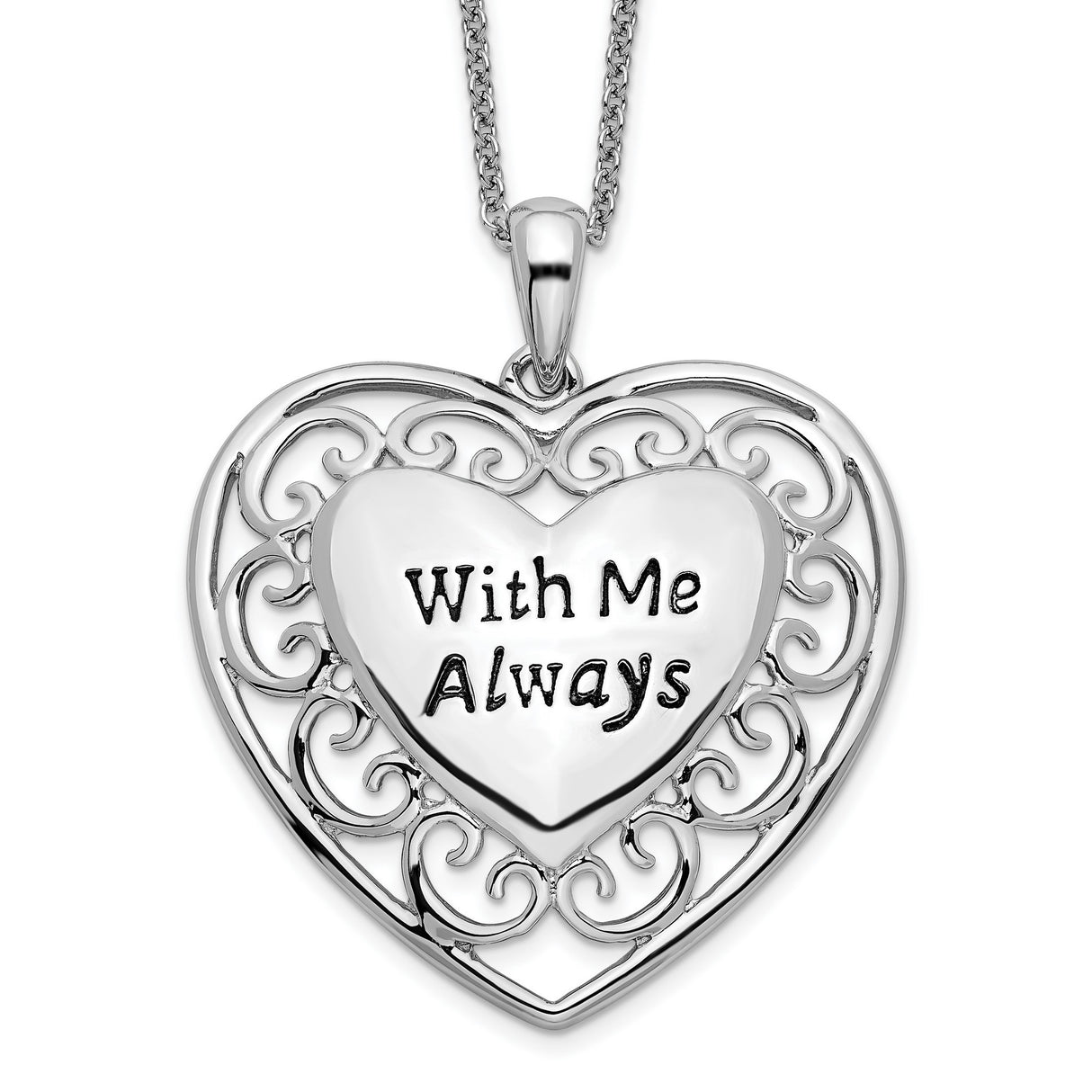 Antiqued With Me Always 18in Heart Necklace Charm Pendant in Real 925 Sterling Silver