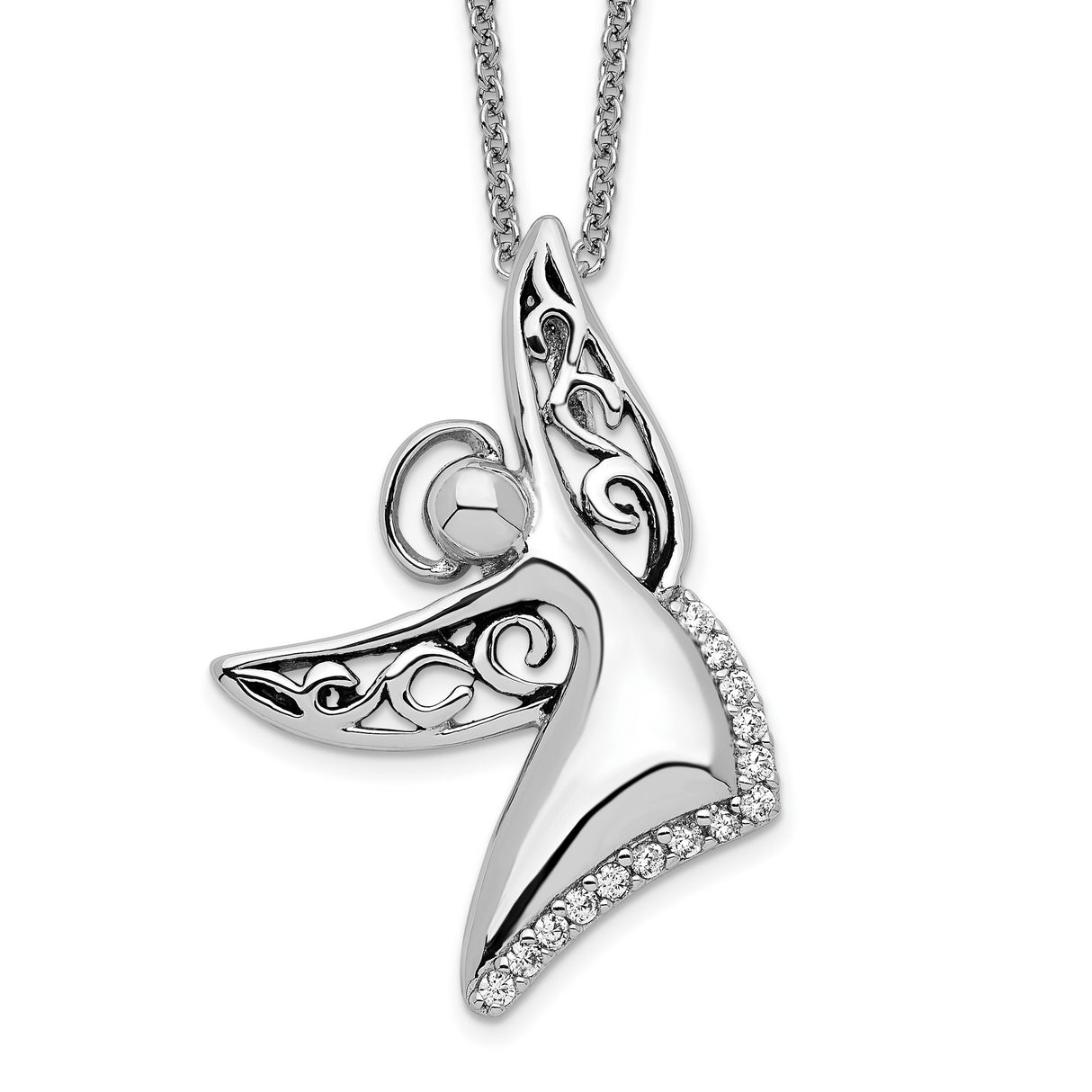 CZ Antiqued Angel Of Joy 18in. Necklace Charm Pendant in Real 925 Sterling Silver