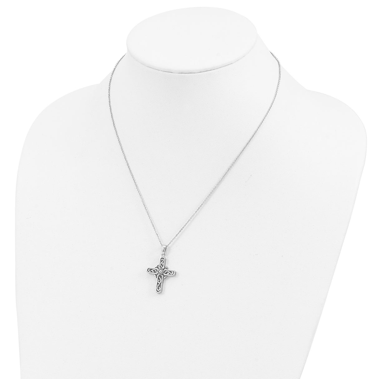Sterling Silver Cross Pendant with Scroll Design and Beveled Edges, Celtic Style