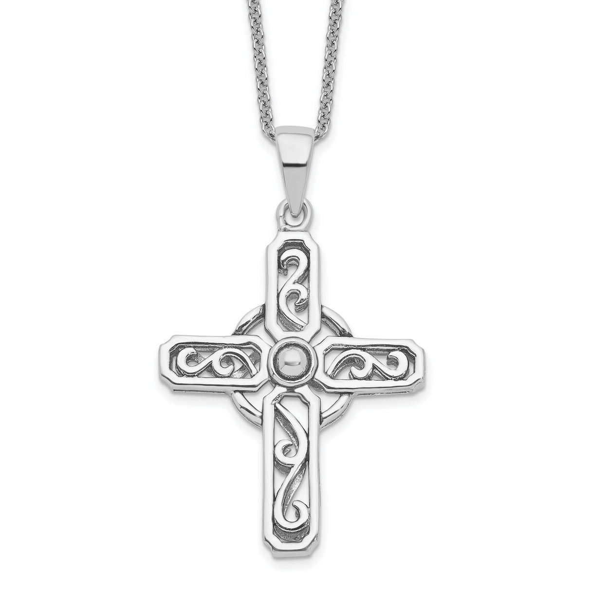 Sterling Silver Cross Pendant with Scroll Design and Beveled Edges, Celtic Style