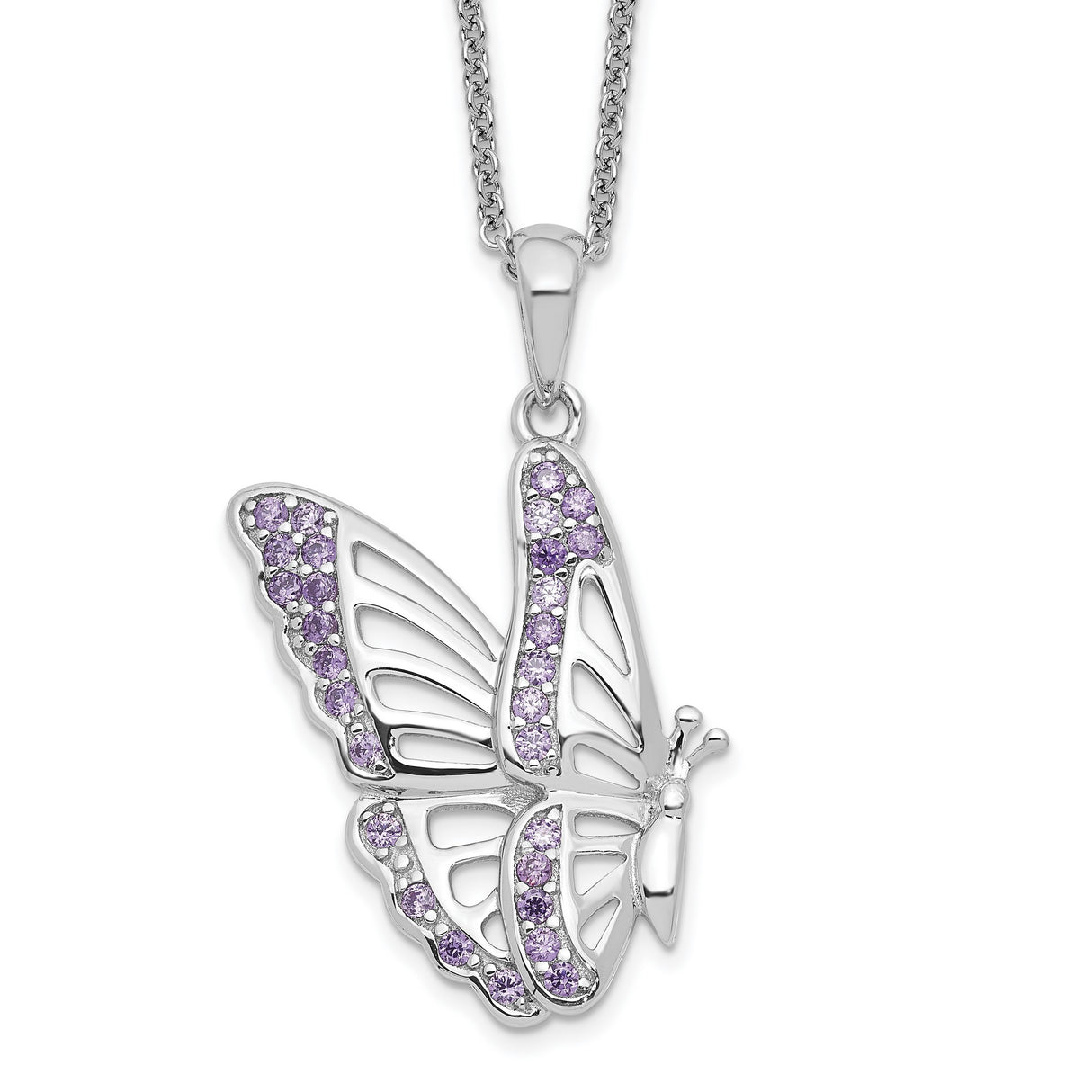 CZ Never Give Up Butterfly 18in. Necklace Charm Pendant in Real 925 Sterling Silver
