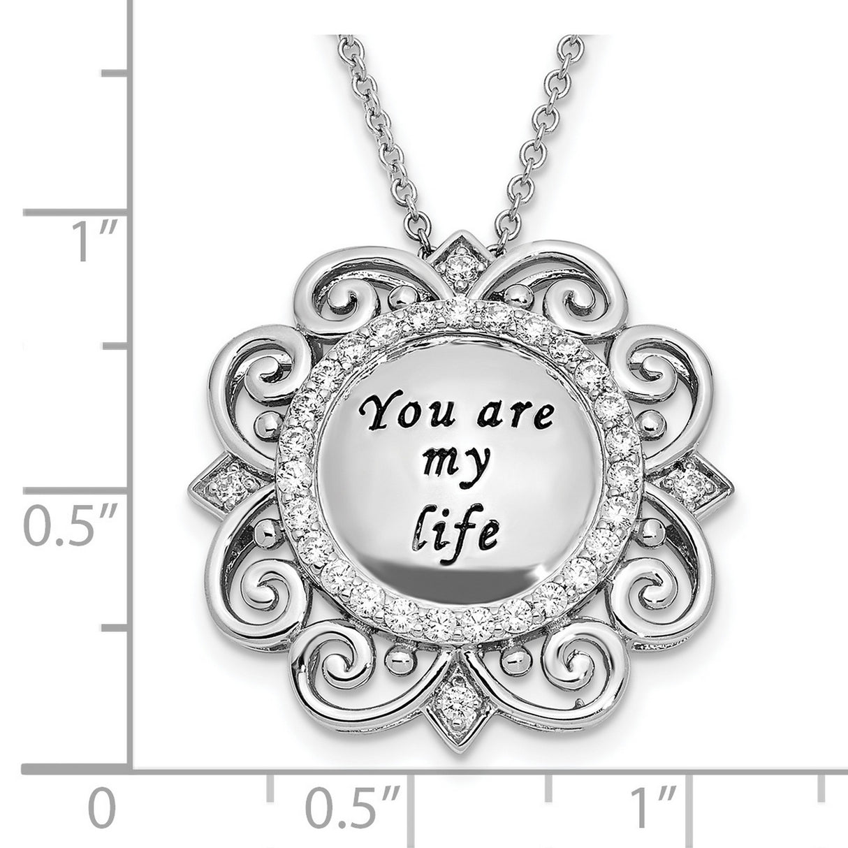 CZ Antiqued You Are My Life 18in. Necklace Charm Pendant in Real 925 Sterling Silver