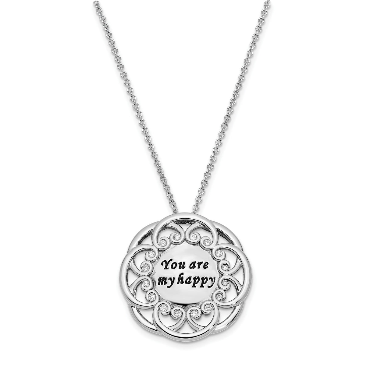 CZ Antiqued You Are My Happy 18in. Necklace Charm Pendant in Real 925 Sterling Silver