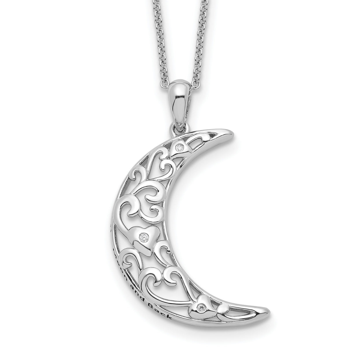 I Love You To The Moon And Back Filigree And Heart Necklace Charm Pendant in Real 925 Sterling Silver