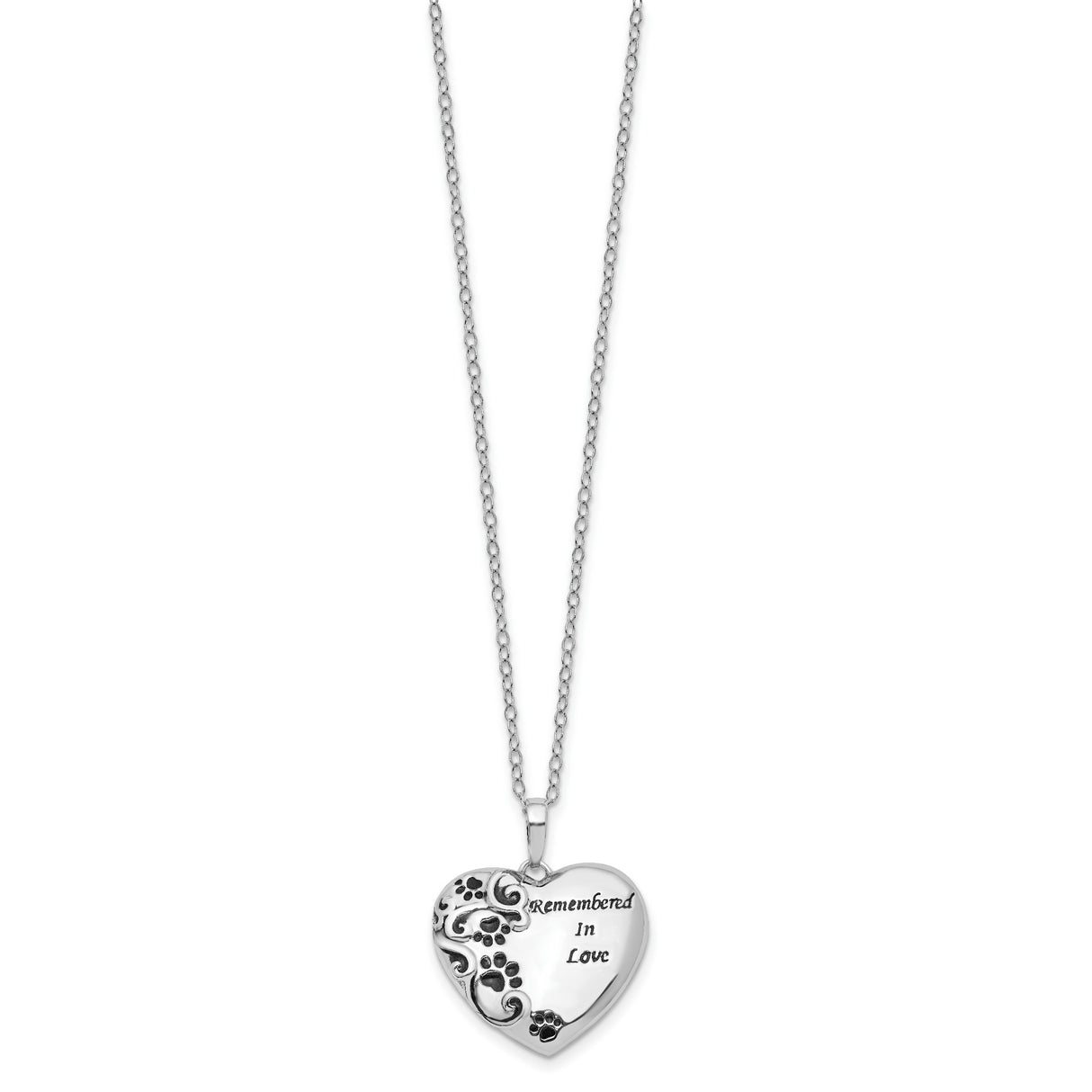 Antiqued Paw Print Remembered in Love Heart 18 Inch Necklace Charm Pendant in Real 925 Sterling Silver