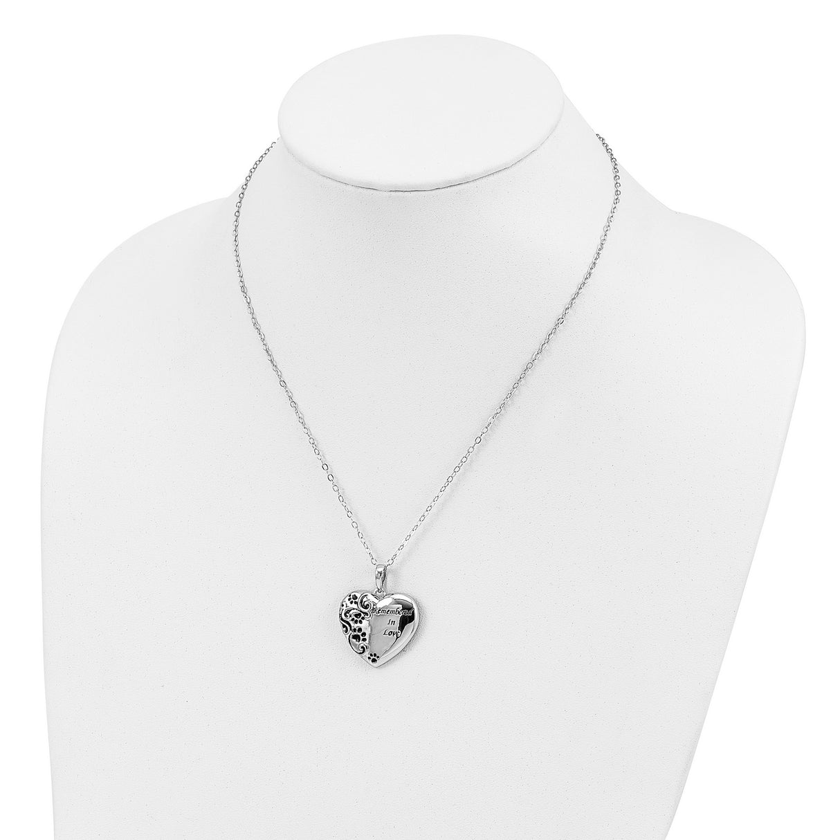 Antiqued Paw Print Remembered in Love Heart 18 Inch Necklace Charm Pendant in Real 925 Sterling Silver