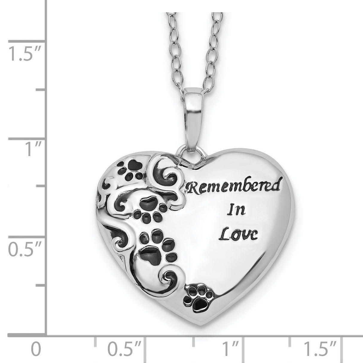 Antiqued Paw Print Remembered in Love Heart 18 Inch Necklace Charm Pendant in Real 925 Sterling Silver