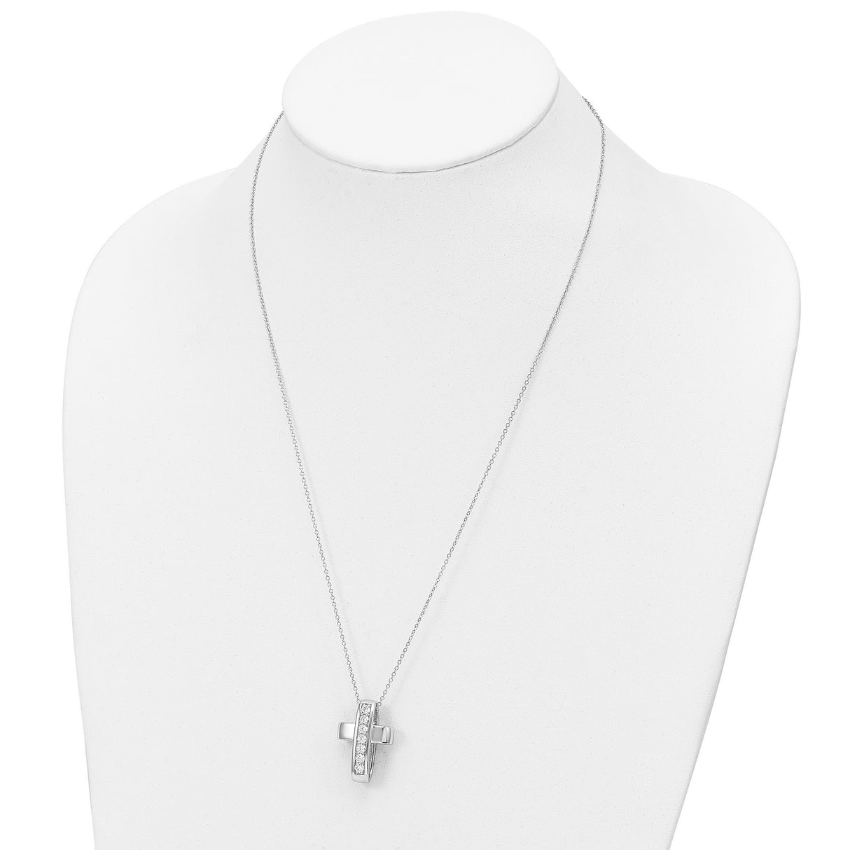 Sterling Silver Cross Pendant with Vertical Bar and Cubic Zirconia, Mirror Finish Faith Jewelry