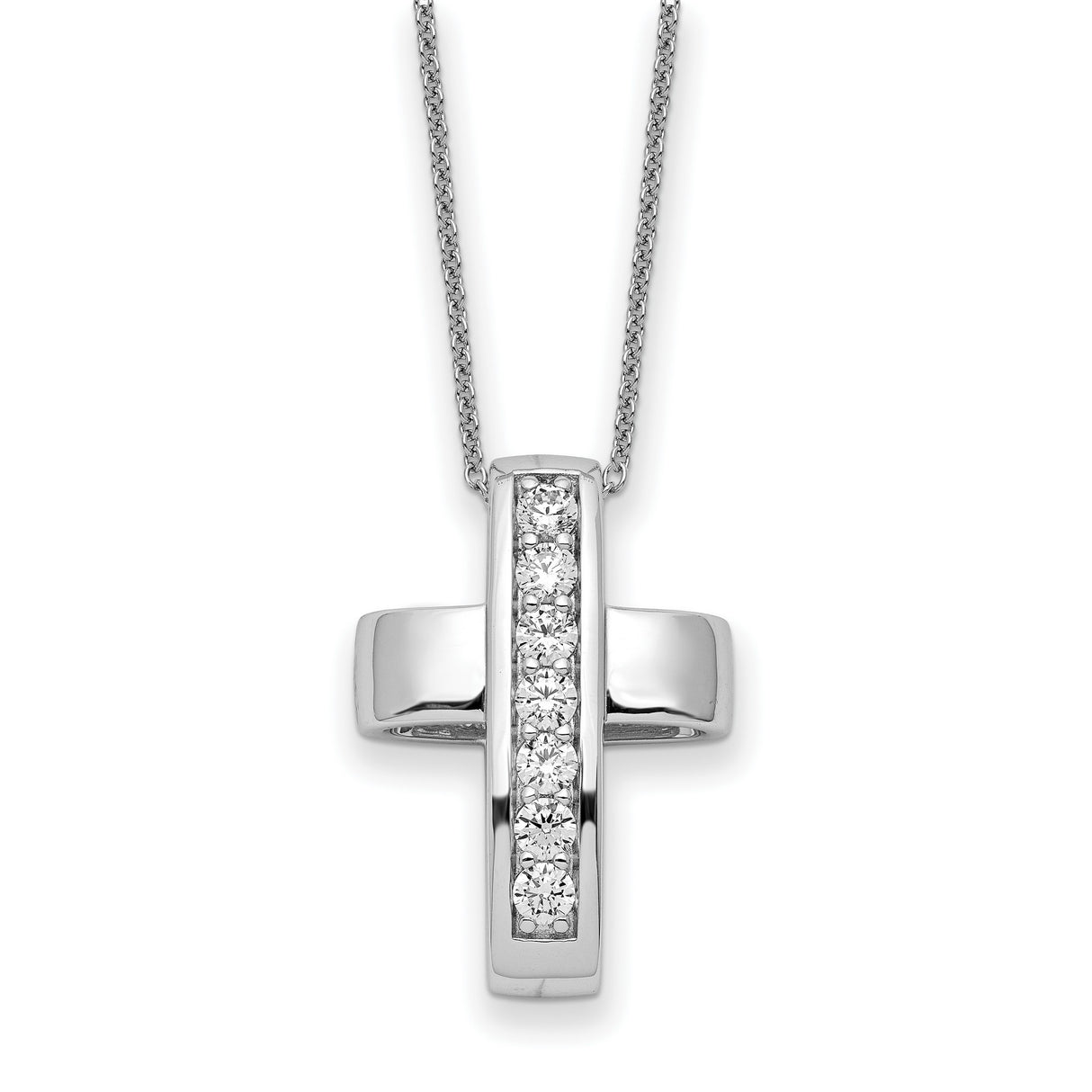 Sterling Silver Cross Pendant with Vertical Bar and Cubic Zirconia, Mirror Finish Faith Jewelry