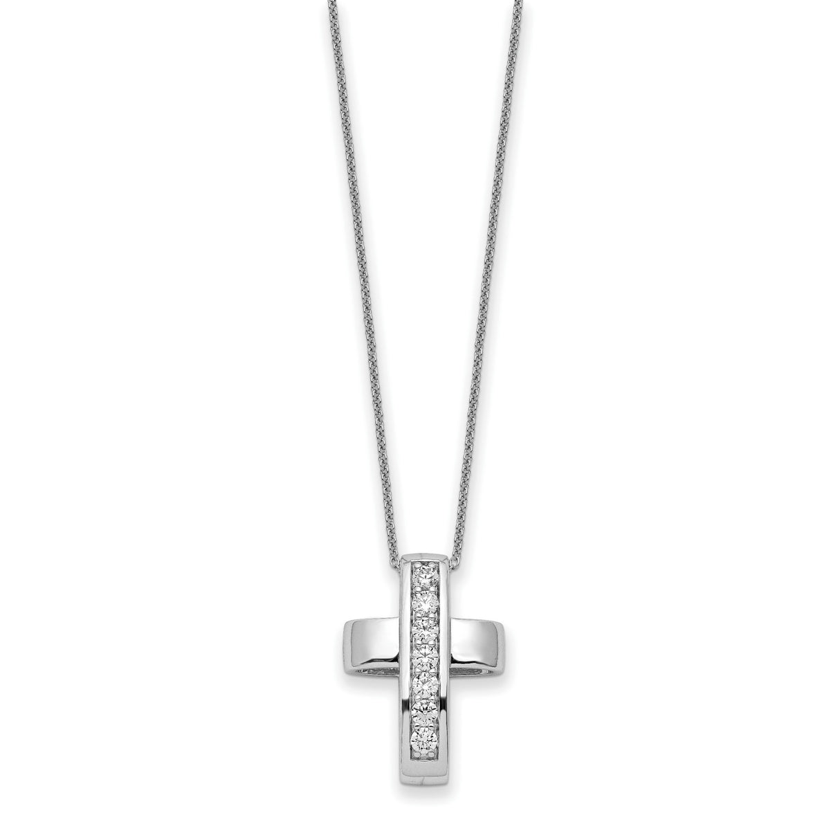 Sterling Silver Cross Pendant with Vertical Bar and Cubic Zirconia, Mirror Finish Faith Jewelry