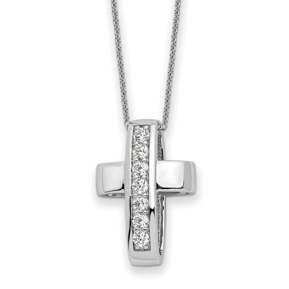 Sterling Silver Cross Pendant with Vertical Bar and Cubic Zirconia, Mirror Finish Faith Jewelry