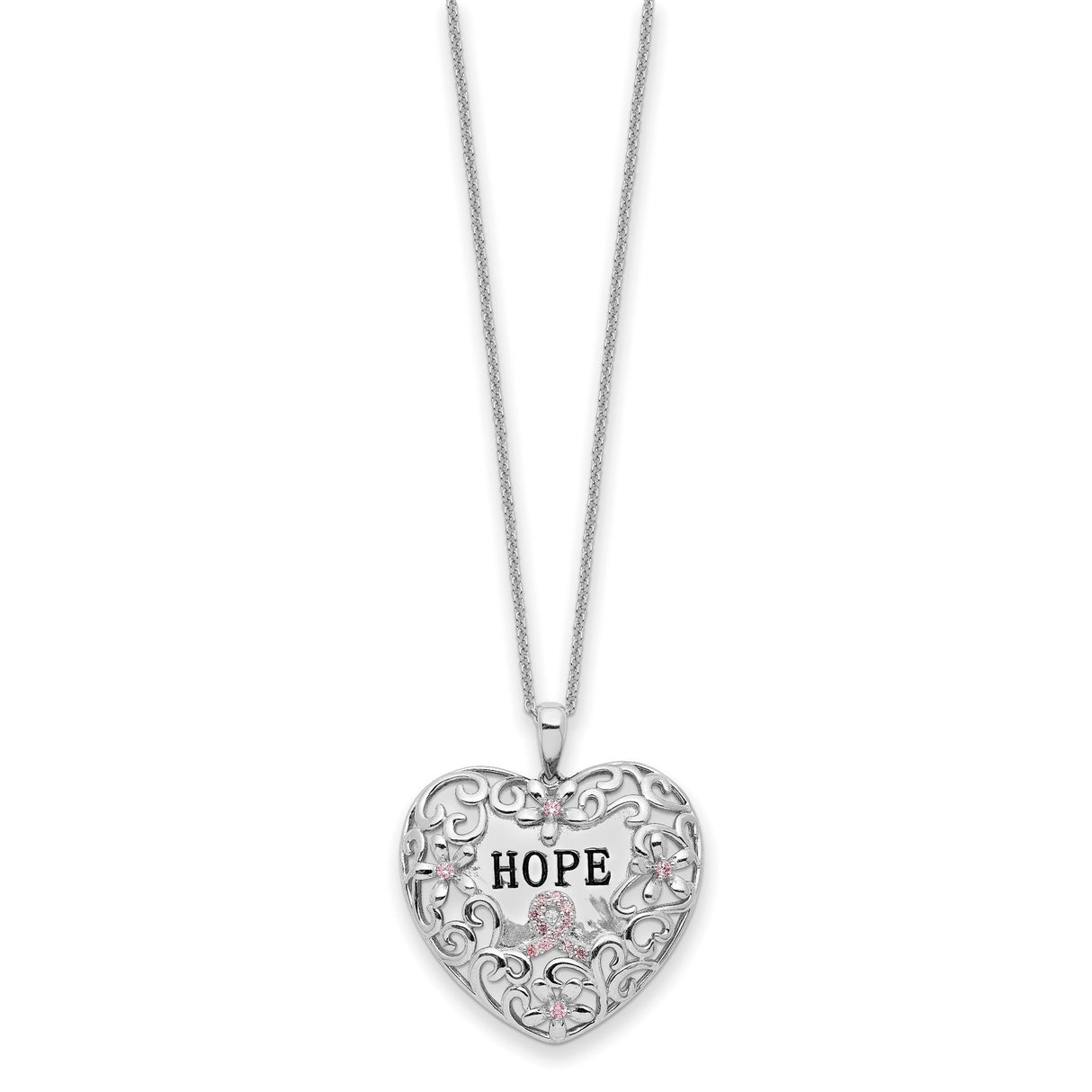 Pink CZ Breast Cancer Heart 18 inch Necklace Charm Pendant in Real 925 Sterling Silver