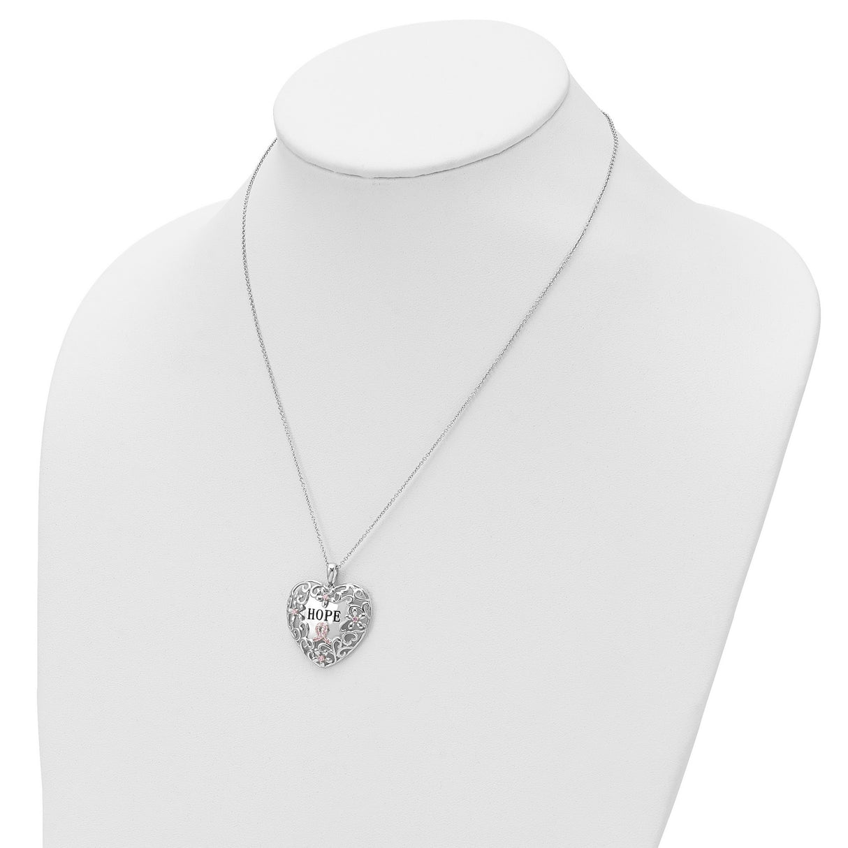 Pink CZ Breast Cancer Heart 18 inch Necklace Charm Pendant in Real 925 Sterling Silver