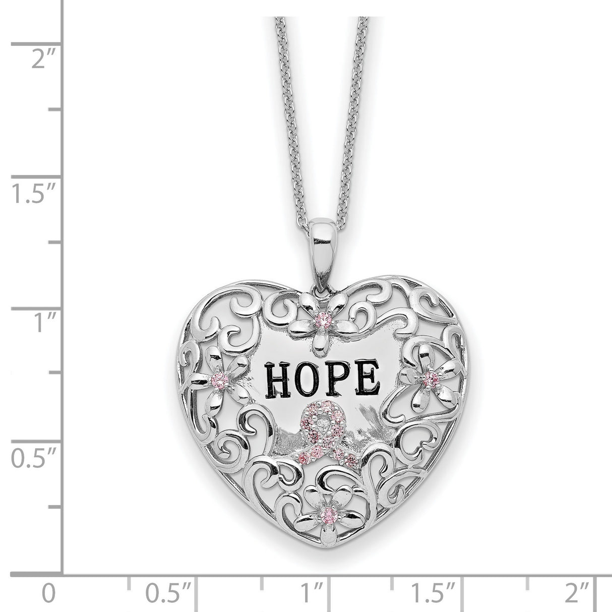 Pink CZ Breast Cancer Heart 18 inch Necklace Charm Pendant in Real 925 Sterling Silver