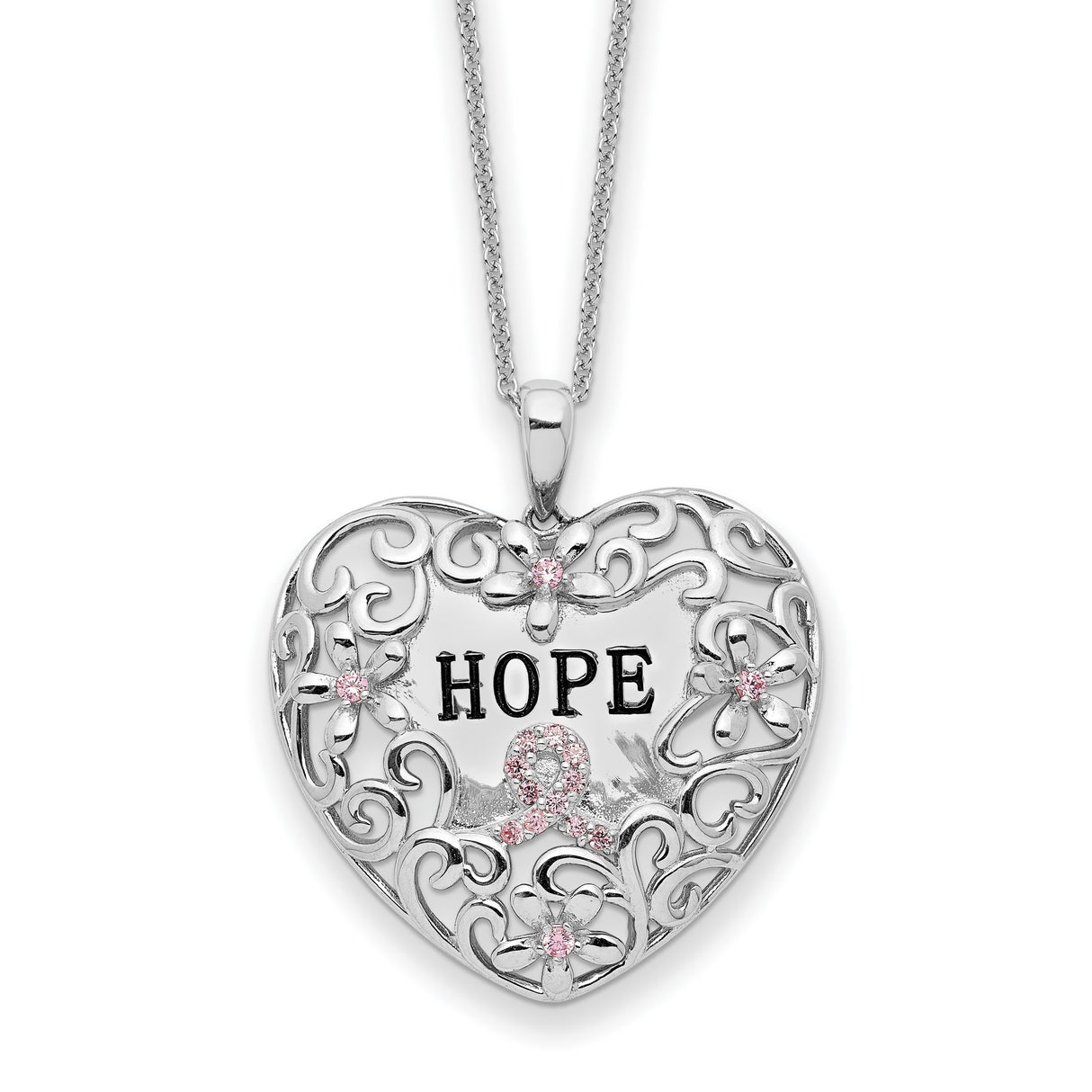 Pink CZ Breast Cancer Heart 18 inch Necklace Charm Pendant in Real 925 Sterling Silver