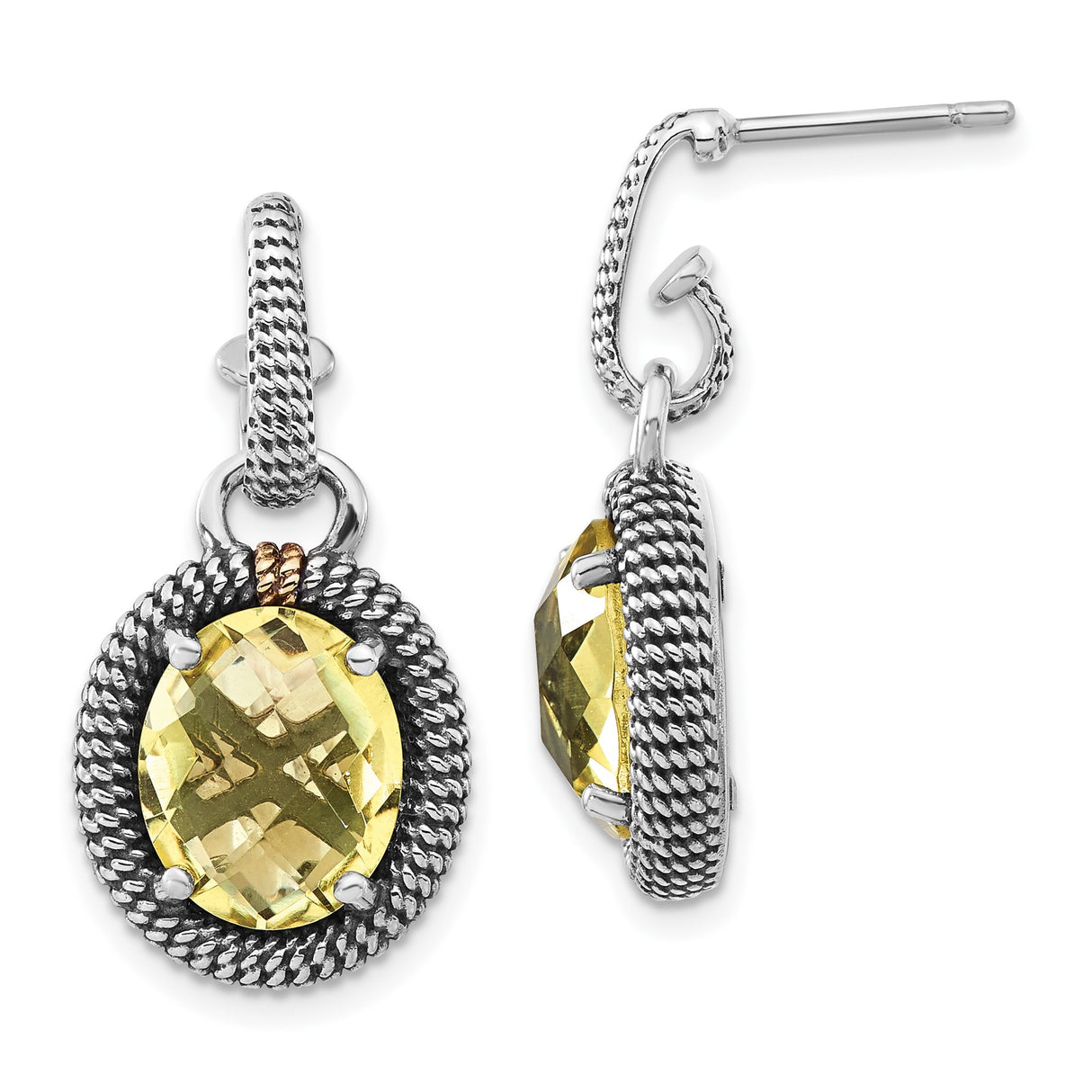 14k Yellow Gold and Sterling Silver Dangle Earrings with Lemon Quartz, Rope Detailing, Vintage Style