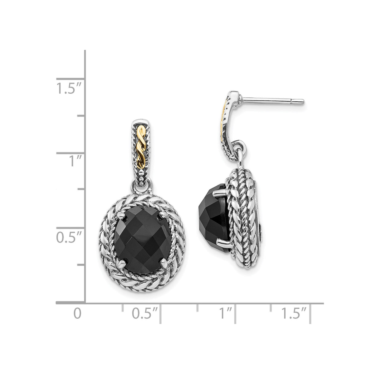 14k Two-Tone Yellow Gold Dangle Earrings with Black Onyx and Twisted Rope Bezel