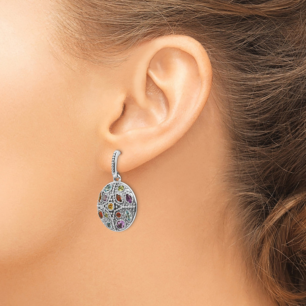 Sterling Silver Dangle Earrings with Citrine and Amethyst, Textured Medallion Cross Design, Boho Style