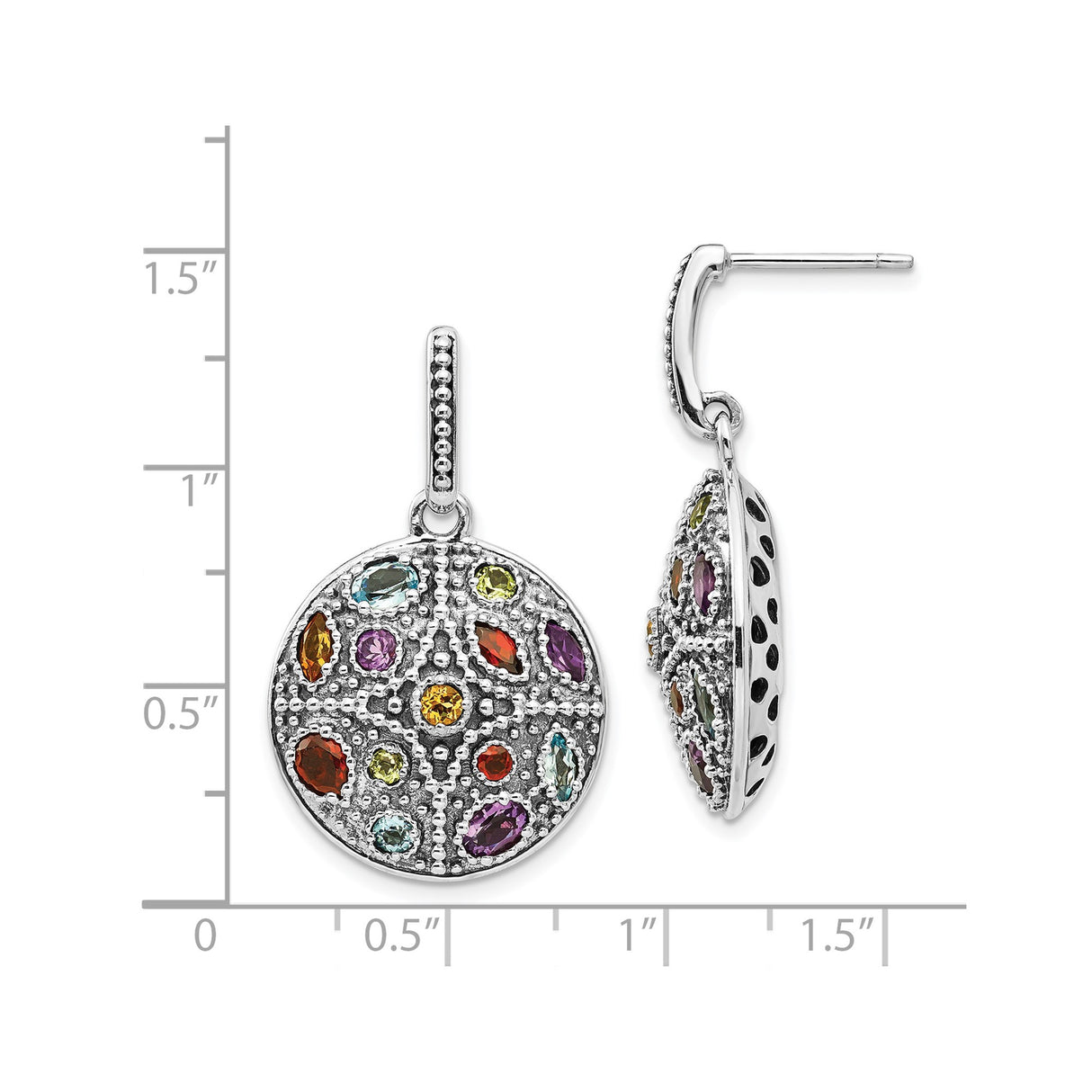 Sterling Silver Dangle Earrings with Citrine and Amethyst, Textured Medallion Cross Design, Boho Style