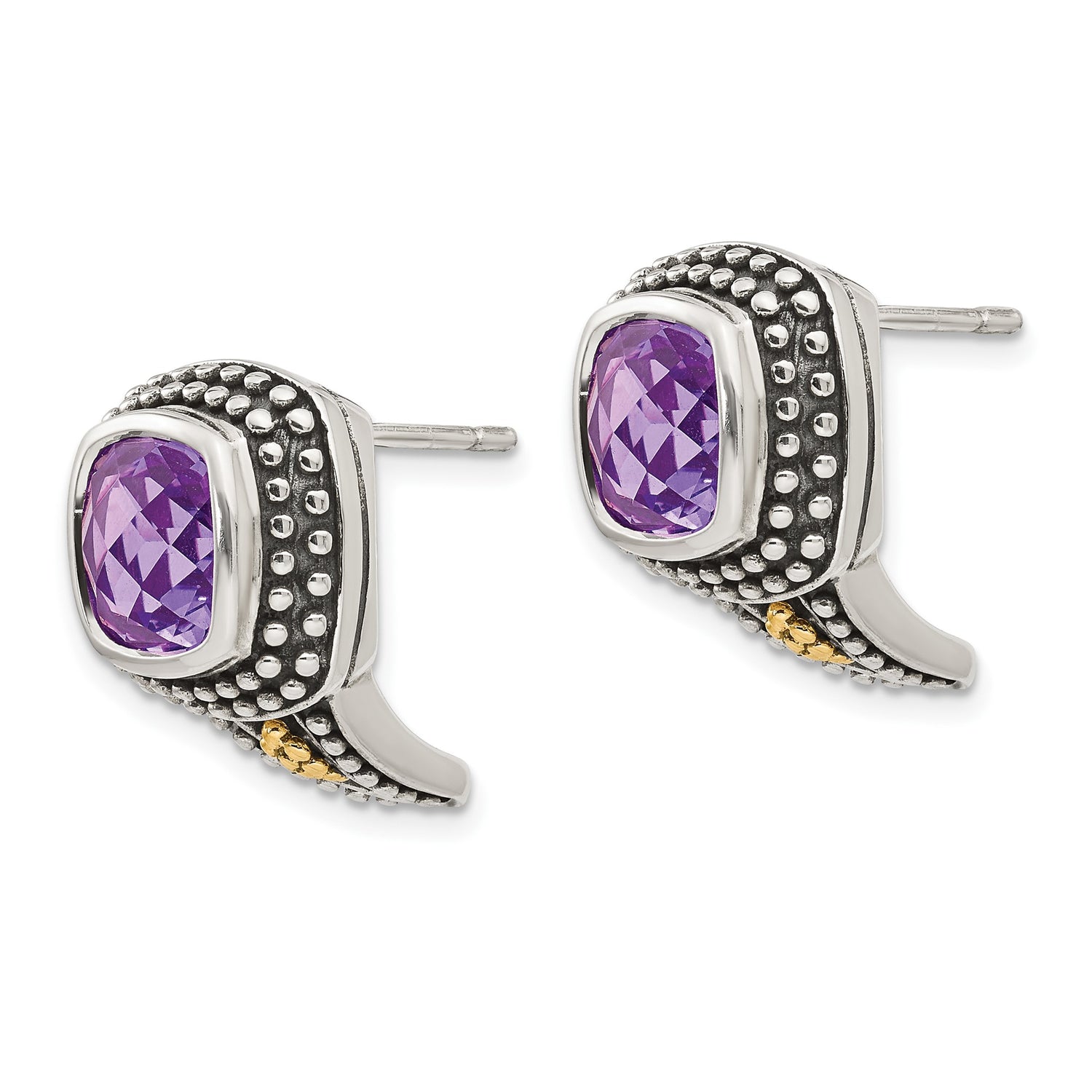 14k Yellow Gold Earrings with Amethyst, Two-Tone Studs with Oxidized Beaded Detail, Modern Vintage Style